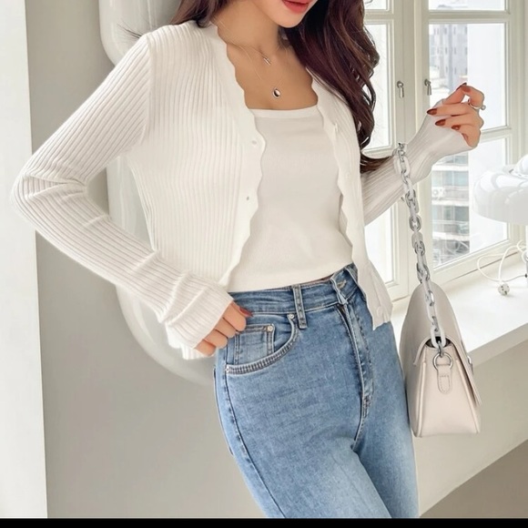 Scallop trim ribbed cardigan - Picture 4 of 6